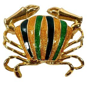 Whimsy Crab Pin Brooch Gold Tone Blue Green Shimmer Enamel Summer Fash Figural